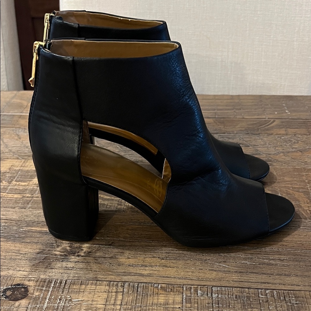 Black Leather Peep-Toe Ankle Boots